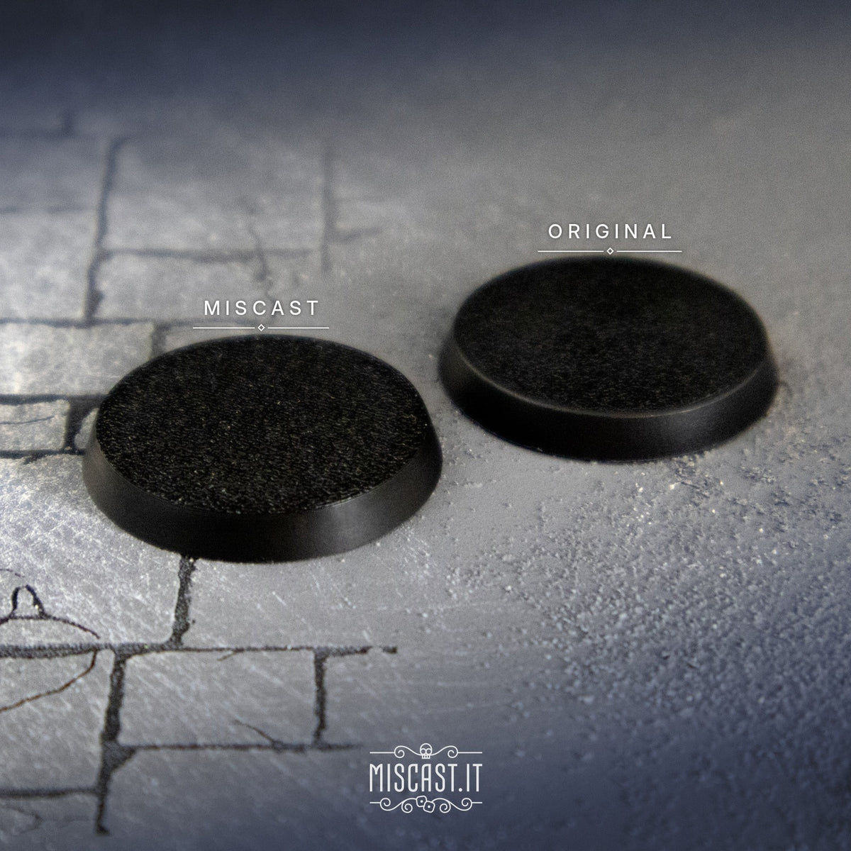 Miscast and original 32 mm round bases side by side, three-quarter view