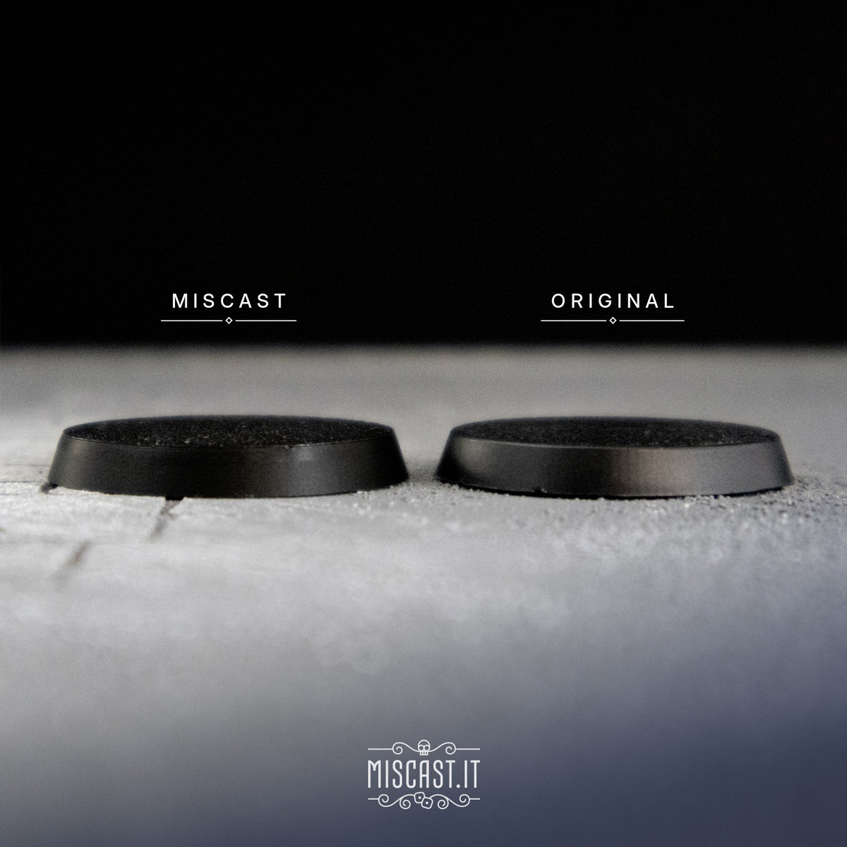 Side profile comparison: Miscast 32 mm round base next to an original 32 mm base, same height, thickness and rim slope